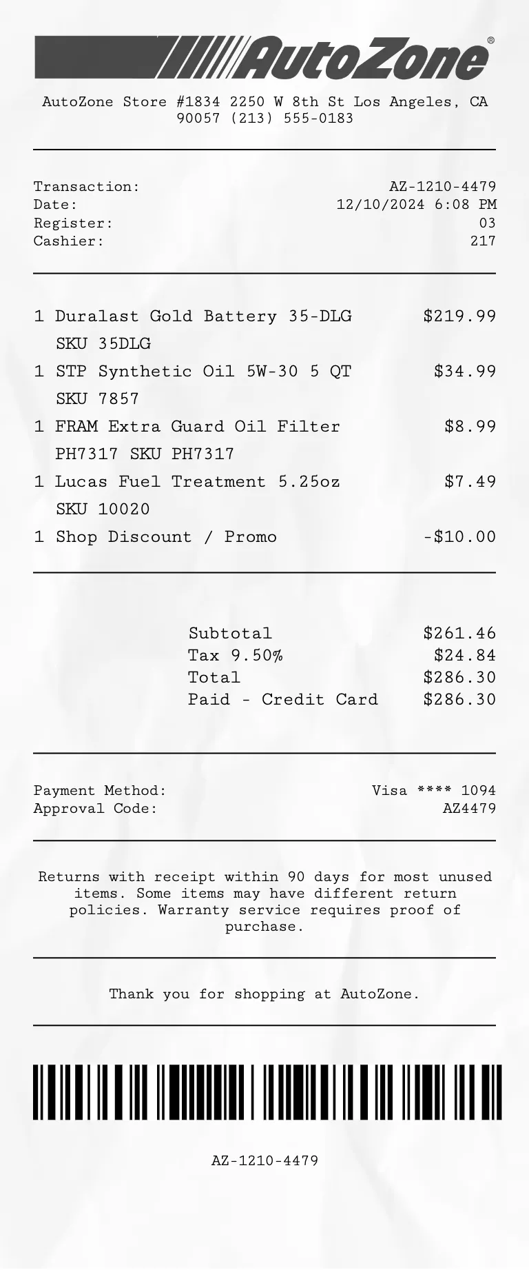 Autozone receipt template preview