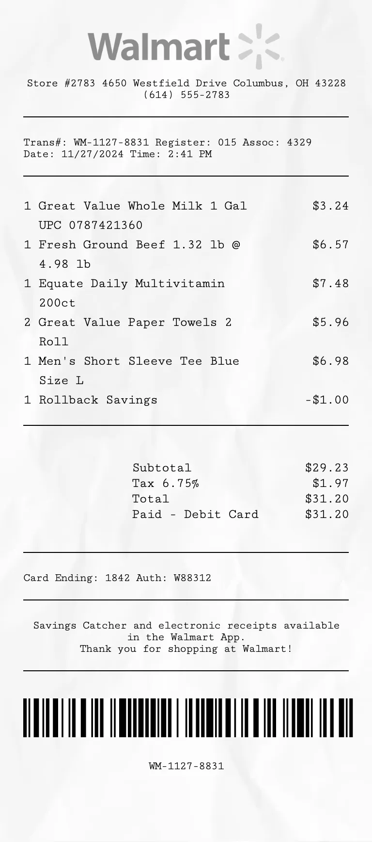 Walmart receipt template preview