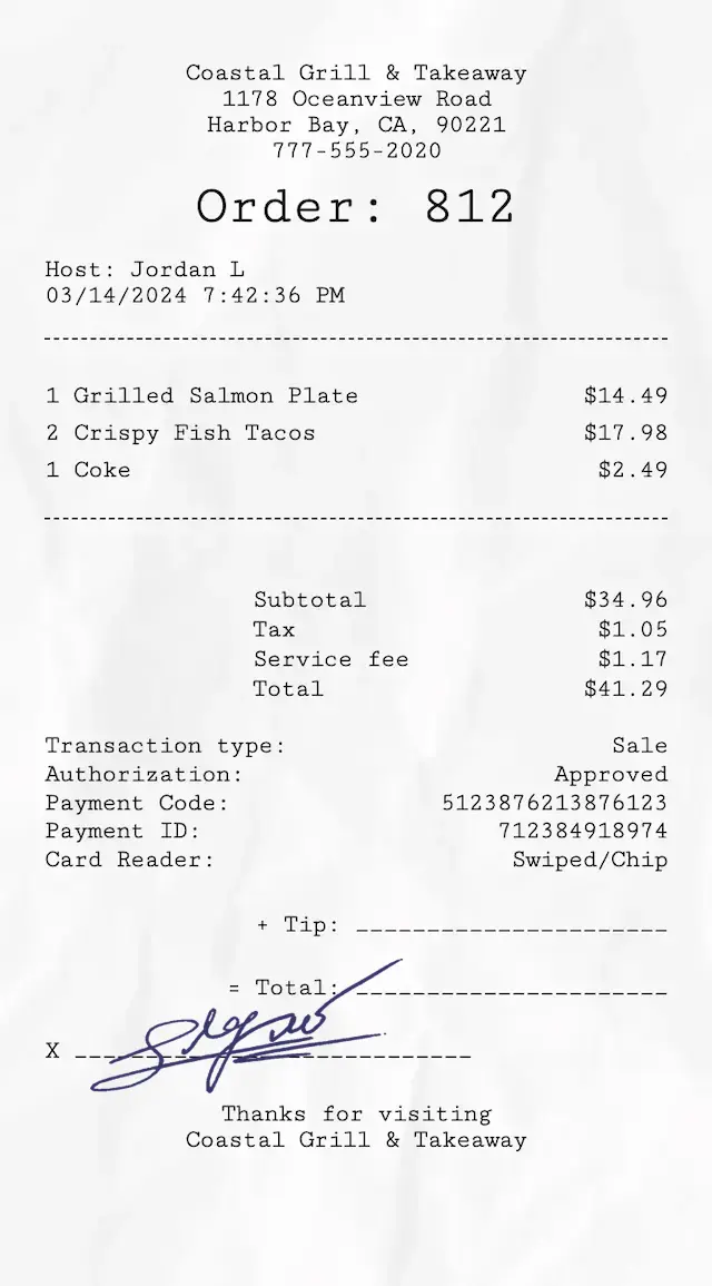 Free restaurant food receipt template with signature field