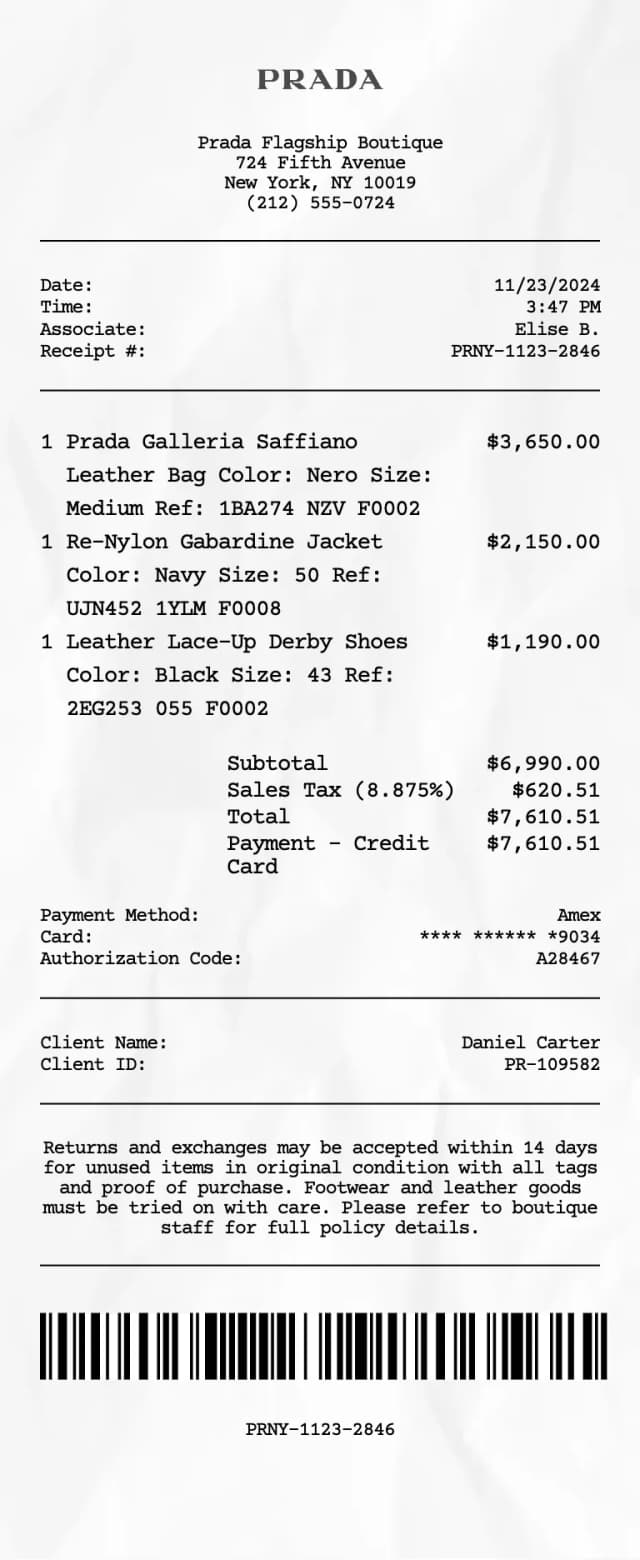 Prada receipt template preview